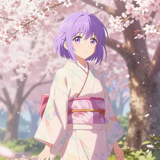 Digital anime-style drawing of a purple-haired girl in a white kimono with pink sash, standing under blooming cherry blossoms.