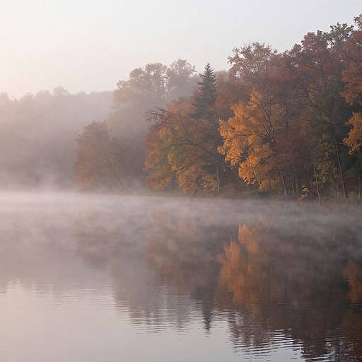 Photograph of a misty autumn lake reflecting colorful trees with orange and brown leaves, soft morning light, and calm water surface.