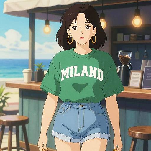 Digital anime-style drawing of a young woman with short black hair, wearing a green 