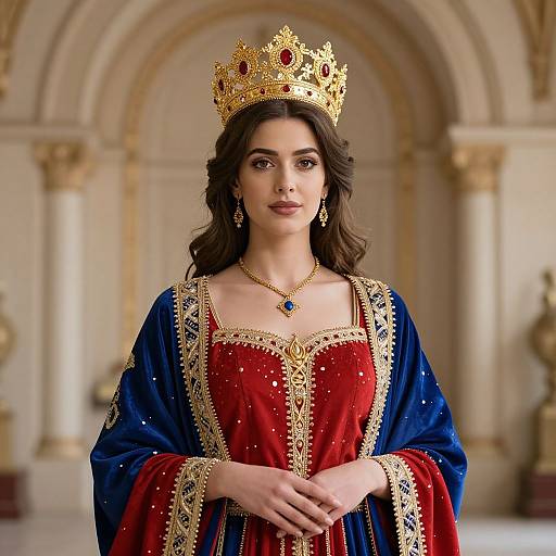 Regal Religious Woman in Crowned Dress