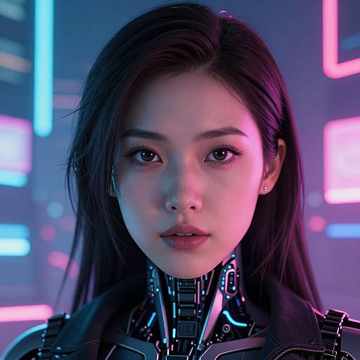 Cyberpunk portrait of an Asian woman with long black hair, glowing neon blue and pink lights, and a high-tech metallic collar.