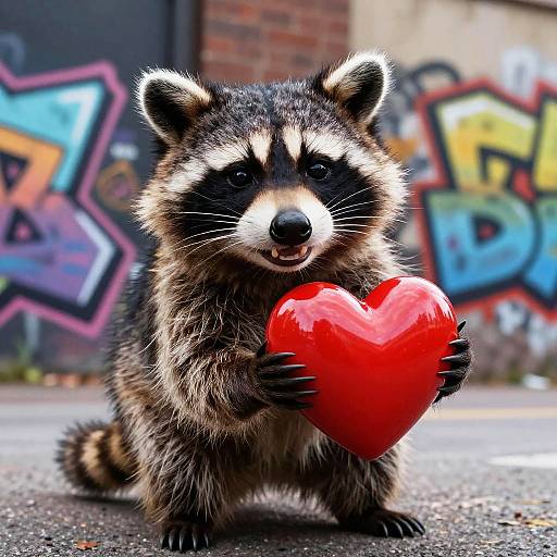 Photograph of a cute raccoon with black-and-white striped face, holding a shiny red heart, standing on an urban street with colorful graffiti in the