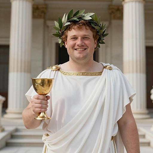 Photograph of a smiling, fair-skinned man with brown curly hair, wearing a white toga with gold accents, laurel wreath, and