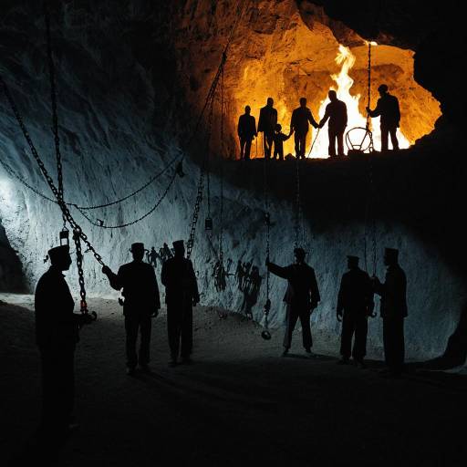 Silhouetted Prisoners and Puppeteers in Cave with Firelight
