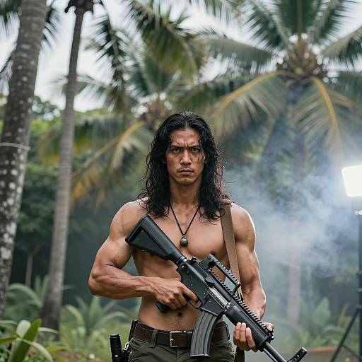 Intense Muscular Man in Tropical Setting