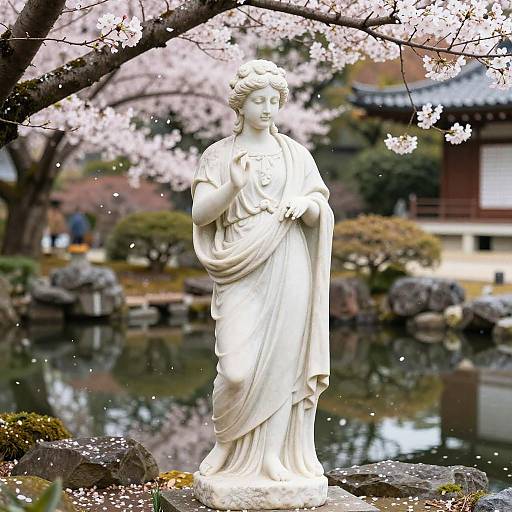 Stoic Statue in Serene Japanese Garden