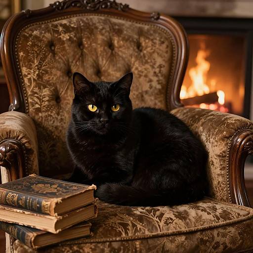 Photograph of a black cat with glowing yellow eyes, sitting on an ornate, brown, velvet armchair in front of a burning fireplace, with