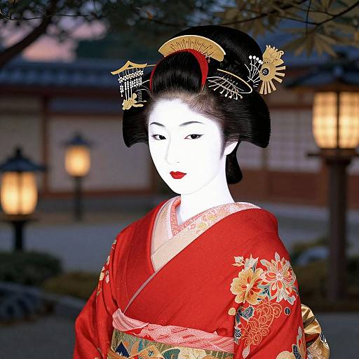 Photograph-style digital image of a white-painted geisha in a red kimono with floral embroidery, black hair adorned with gold and white hairpins