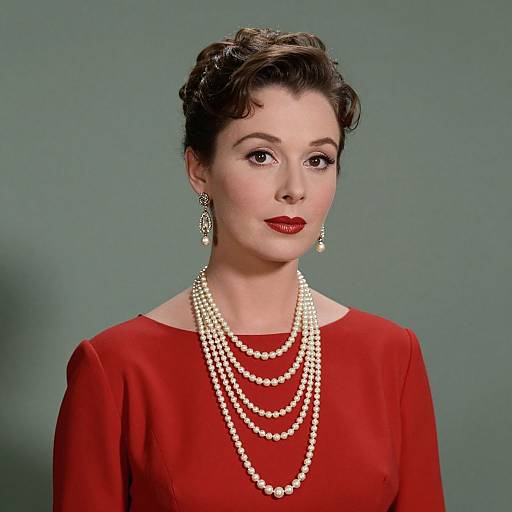Photograph of a fair-skinned woman with dark, wavy hair, wearing red lipstick, red dress, and multiple pearl necklaces, against a