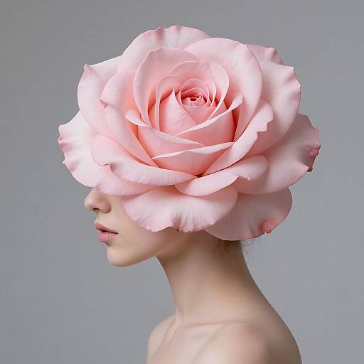 Photograph of a pale-skinned woman with a large, pink rose for a head, profile view, against a gray background.