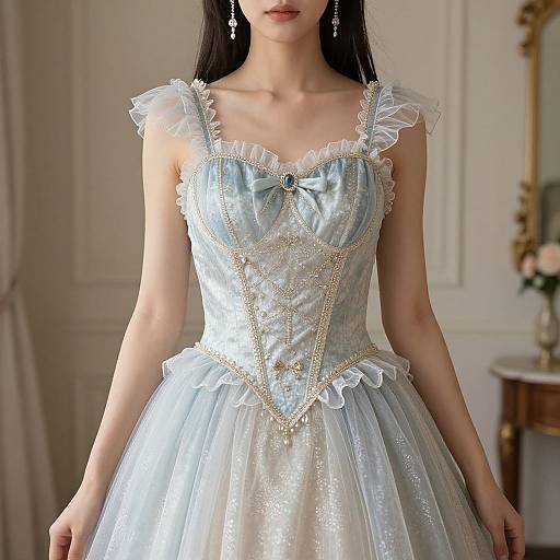 Photograph of an Asian woman in a pale blue, lace-trimmed, corseted ball gown with intricate silver embroidery, standing in an elegant