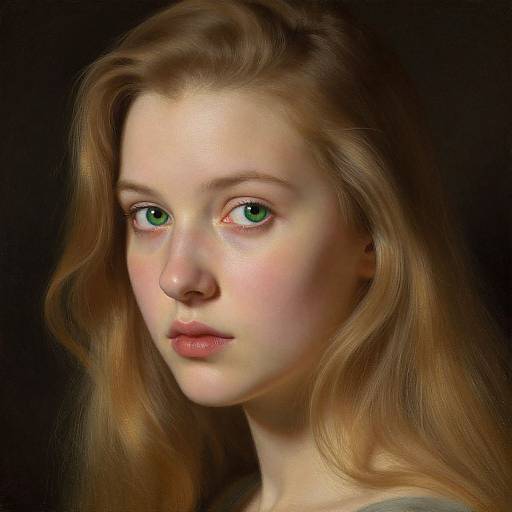 Digital portrait of a young woman with fair skin, green eyes, and long, wavy brown hair against a black background.