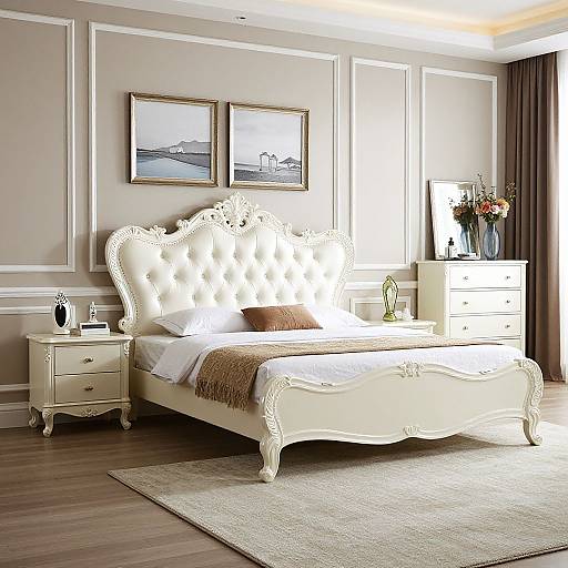 Photograph of a luxurious, elegant bedroom with a white, ornate, tufted bed, cream walls, framed coastal paintings, white nightstands