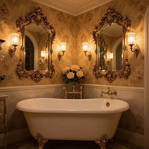 Elegant vintage bathroom with ornate gold mirrors, floral wallpaper, white freestanding bathtub, gold claw feet, wall sconces, and rose