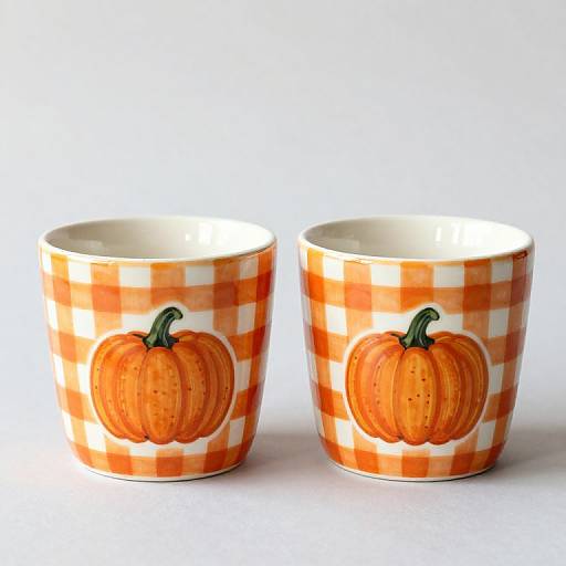 Photograph of two ceramic mugs with orange and white gingham patterns, each featuring a detailed orange pumpkin graphic.