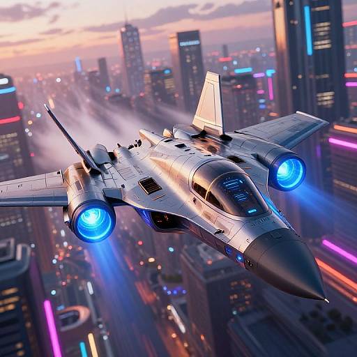 Digital artwork of a futuristic, blue-lit jet flying above a neon-lit, futuristic cityscape at sunset, with skyscrapers and colorful lights