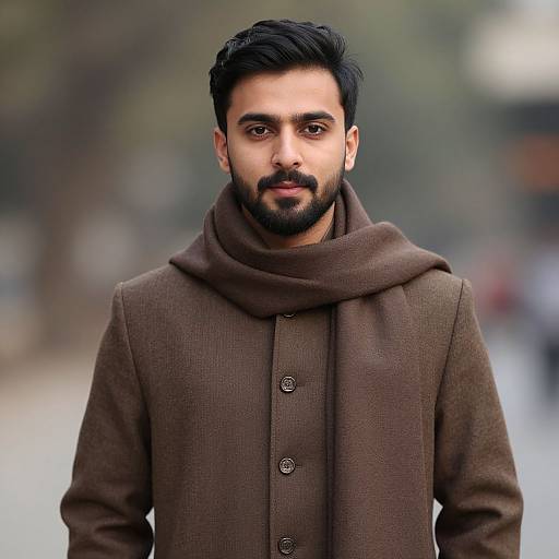 Photograph of a handsome, bearded South Asian man with dark hair, wearing a brown wool coat and matching scarf, standing outdoors with a blurred,