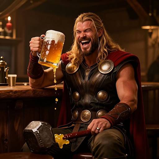 Photograph of a muscular, bearded man with long blonde hair, wearing a black leather chest plate and red cape, laughing while holding a foamy