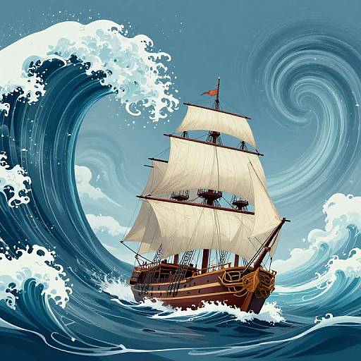 Vintage Ship in Fantastical Ocean Wave
