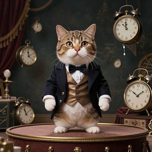 Photograph of a brown tabby kitten wearing a black tuxedo with a bowtie, standing on a round, gold-edged table, surrounded