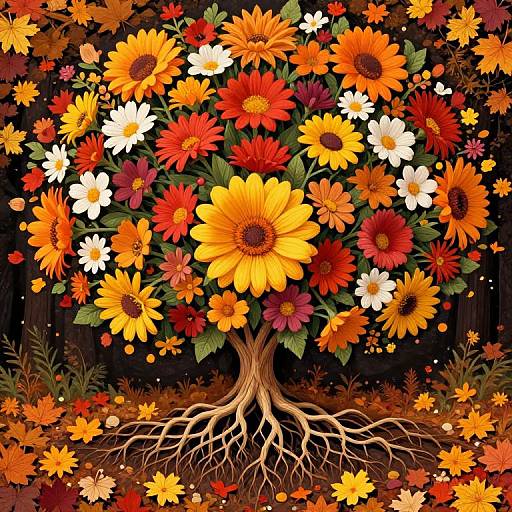 Digital illustration of a tree with vibrant, multicolored sunflowers, dahlias, and other flowers, with intricate roots against a dark, starry