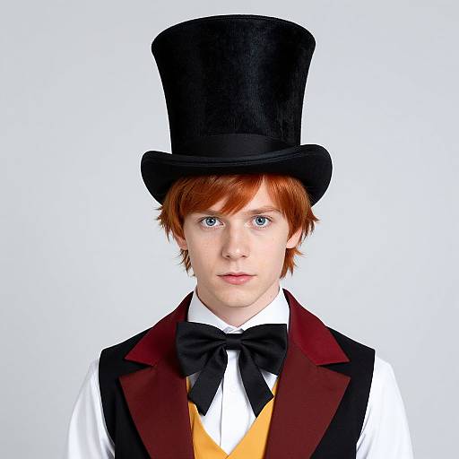 Photograph of a young man with red hair, blue eyes, wearing a black top hat, white shirt, black bowtie, yellow vest, and