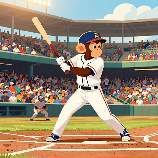 Digital cartoon of a young baseball player in white uniform, blue cap with 