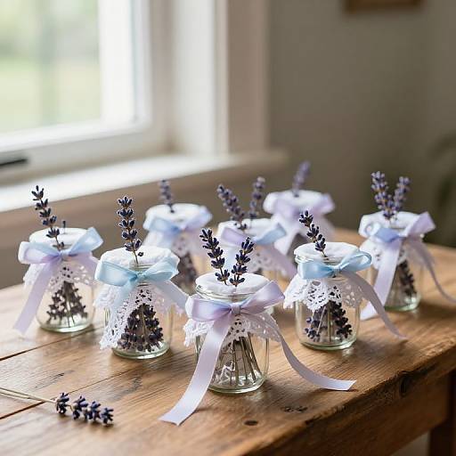 Photograph of small glass jars with lavender sprigs and white ribbons, arranged on a wooden table by a sunlit window.