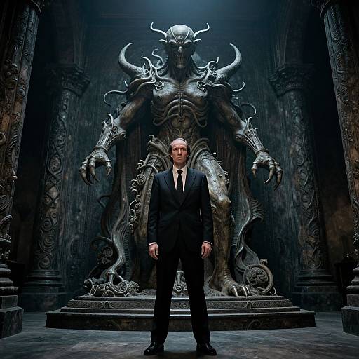 Man Facing Lovecraftian Menacing Statue