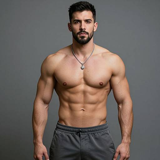 Photograph of a muscular, shirtless, bearded man with short dark hair, wearing dark gray pants and a silver necklace, standing against a gray