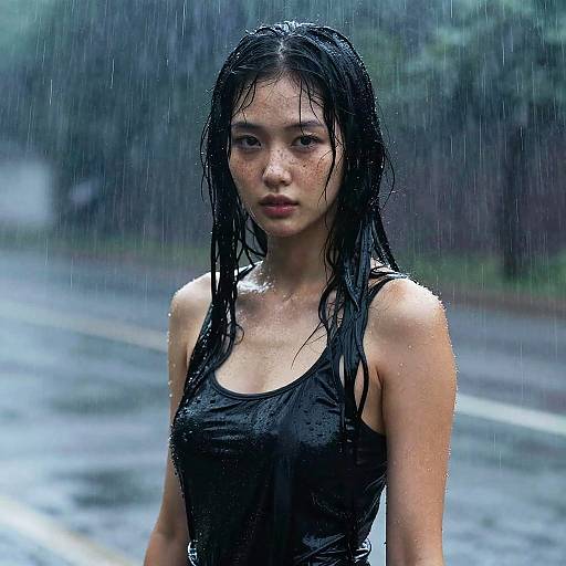 Photorealistic Young Woman in Torrential Rain