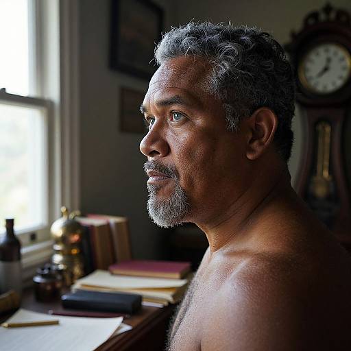 Photograph of a middle-aged, shirtless man with gray curly hair and beard, gazing thoughtfully out a window in a dimly lit,