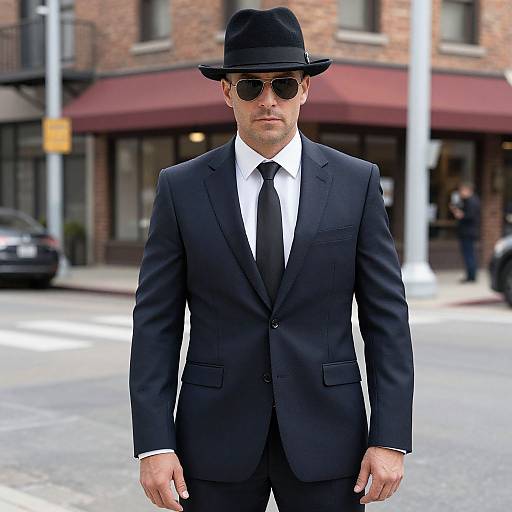 Photograph of a handsome man in a black suit, white shirt, black tie, and black fedora, wearing dark sunglasses, standing on a city