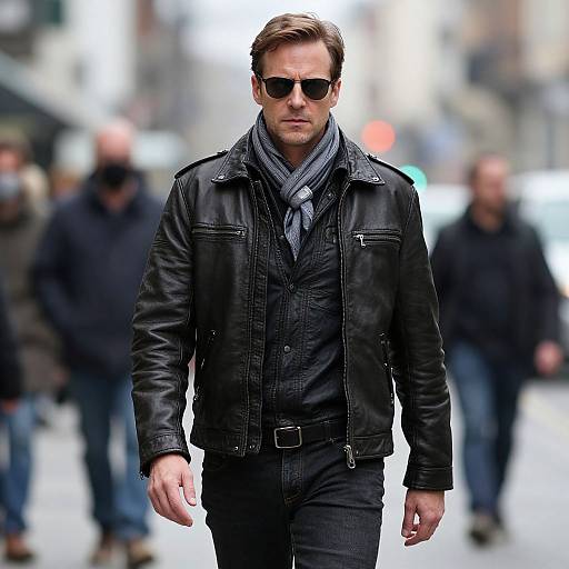 Photograph of a stylish, brown-haired man in black leather jacket, dark jeans, and sunglasses, walking in a blurred urban street.