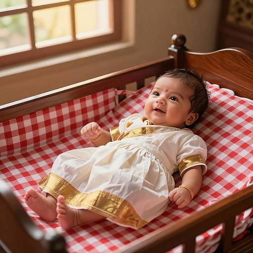 Photograph of a smiling baby with dark hair in a white and gold dress, lying in a wooden crib with red checkered bedding, sunlight streaming from