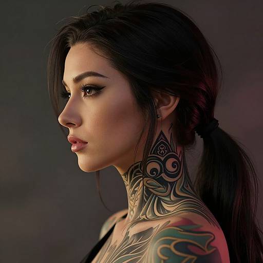 Photorealistic portrait of a woman with long black hair, intricate neck and shoulder tattoos, side profile, dark background, soft lighting.