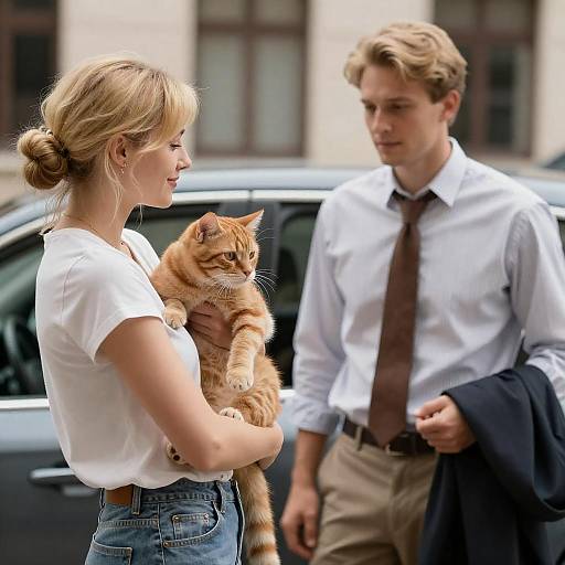 Photograph of a blonde woman in a white shirt and blue jeans holding an orange tabby cat, standing beside a blond man in a white shirt and