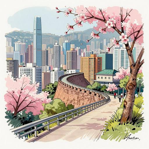 Kowloon Walled City Urban Sketch with Cherry Blossoms