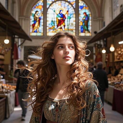 Photograph of a young woman with long, wavy brown hair in a colorful, patterned blouse, standing in front of a vibrant stained glass window
