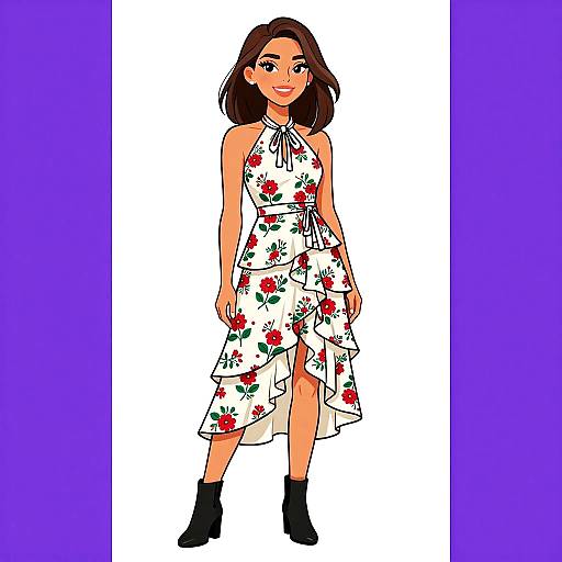 Smiling Woman in Floral Ruffled Dress