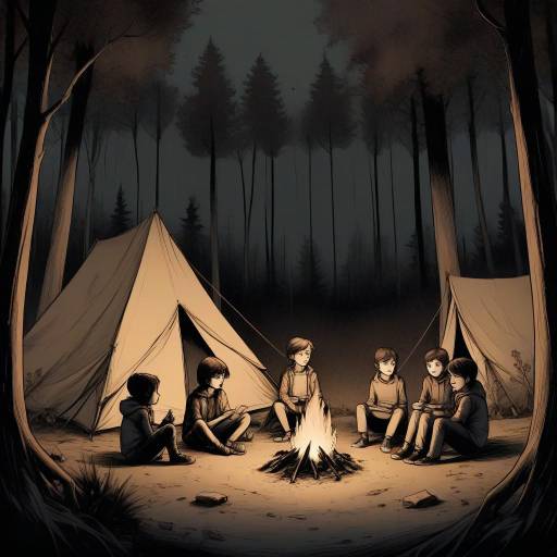 Children Around Campfire in Dark Forest