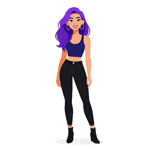 Digital drawing of a smiling woman with long purple hair, wearing a black crop top, high-waisted black pants, and black ankle boots. She