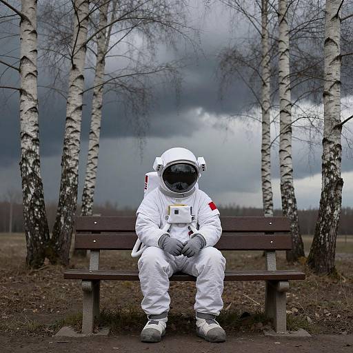 Lone Astronaut Sitting on Park Bench