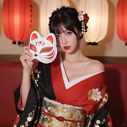 Traditional Japanese Elegance with Fox Mask