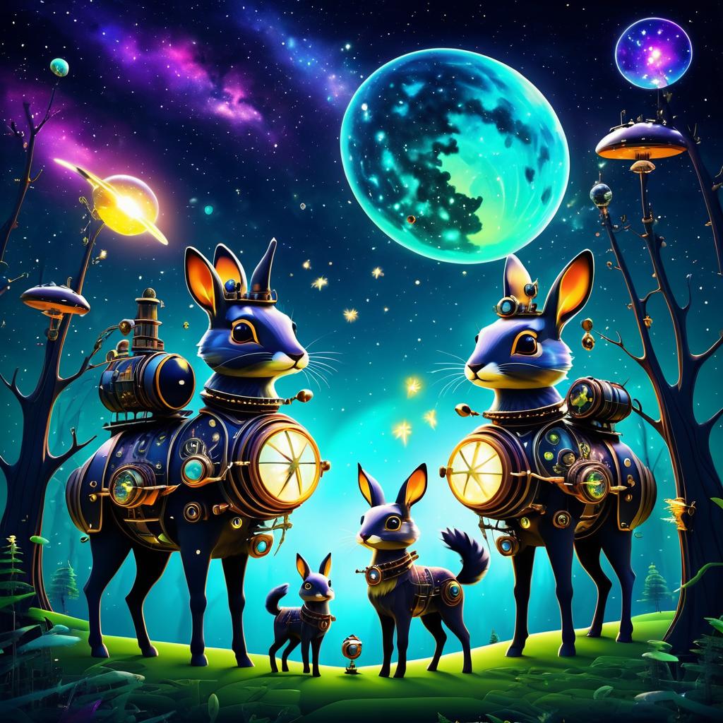 Cosmic Steampunk Animals in Nebula Wonderland