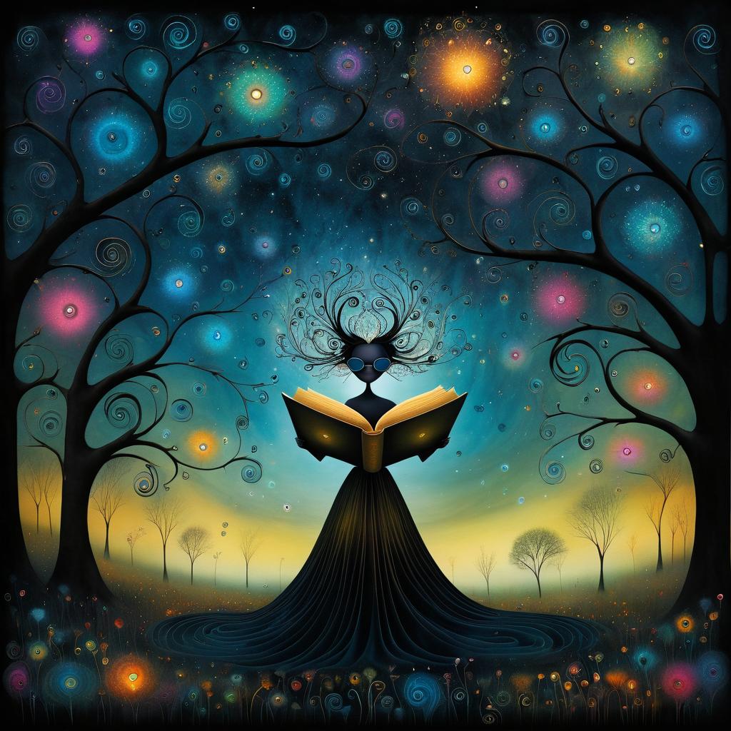 Whimsical Dark Figure in Dreamy Landscape