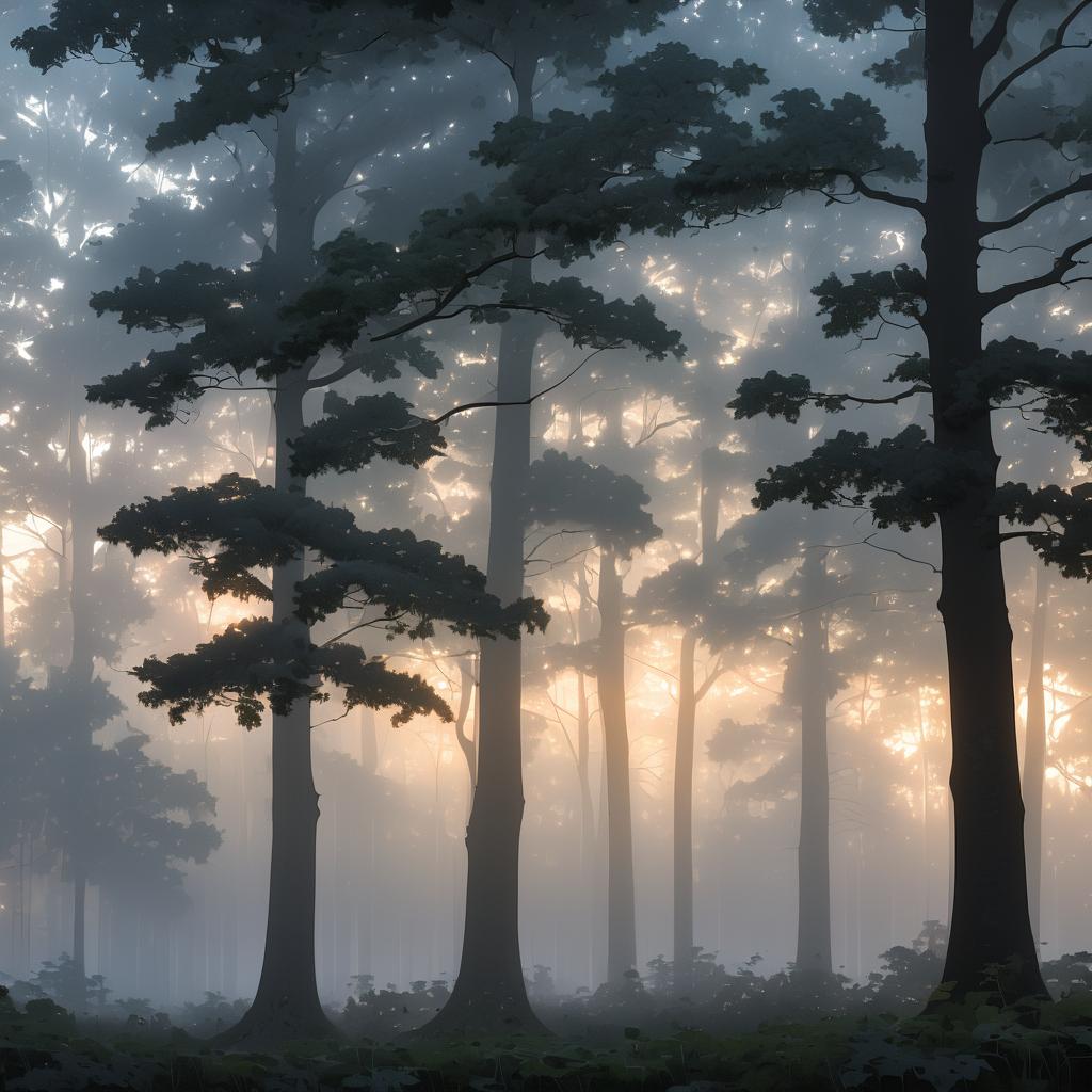 Mystical Dawn in Foggy Woodland