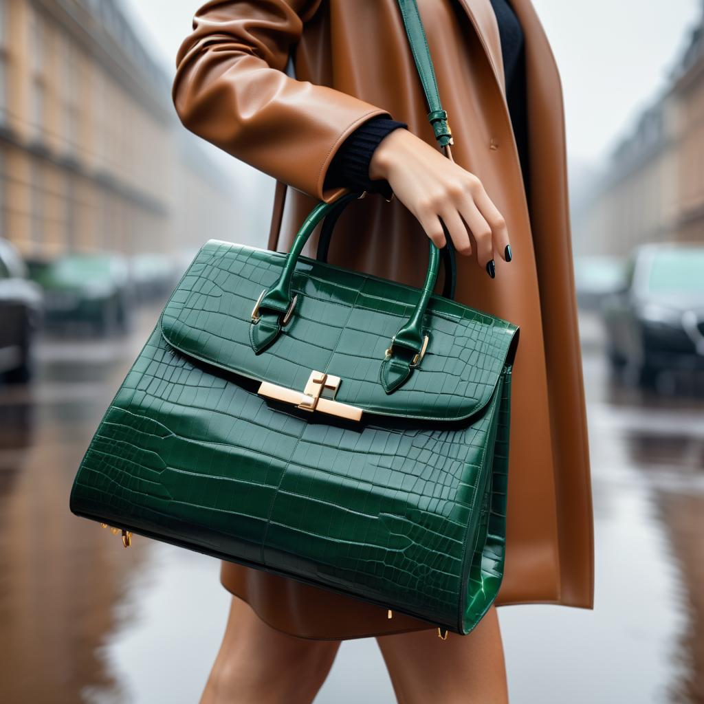 Elegant Handbag Portrait in Rainy Setting