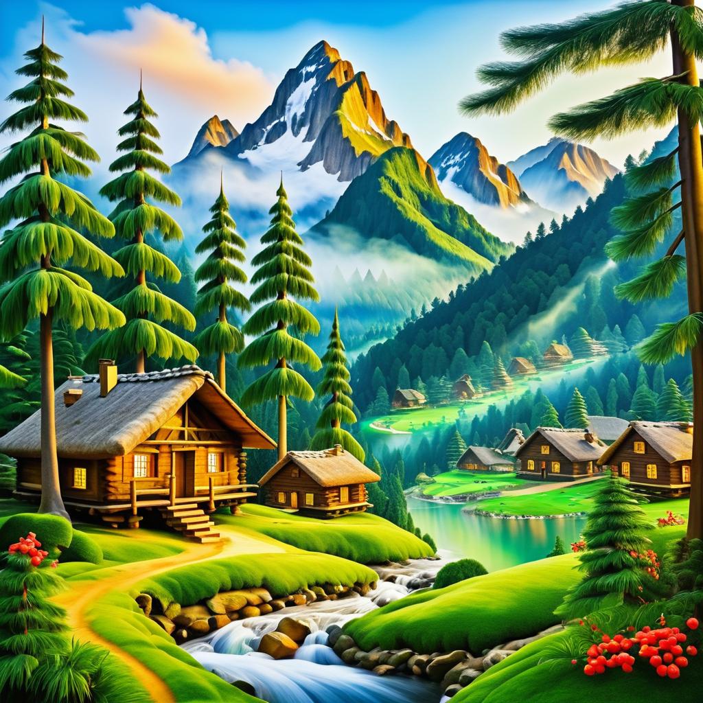 Mountain Village with Log Cabin and Fir