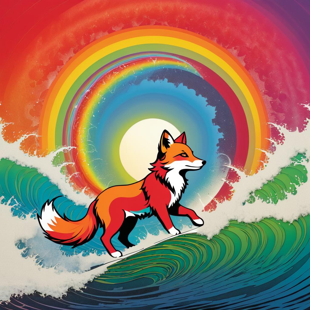 Psychedelic Fox with Rainbow Sky Art